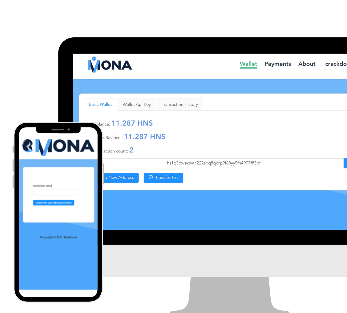 Mona wallet shown on desktop and mobile