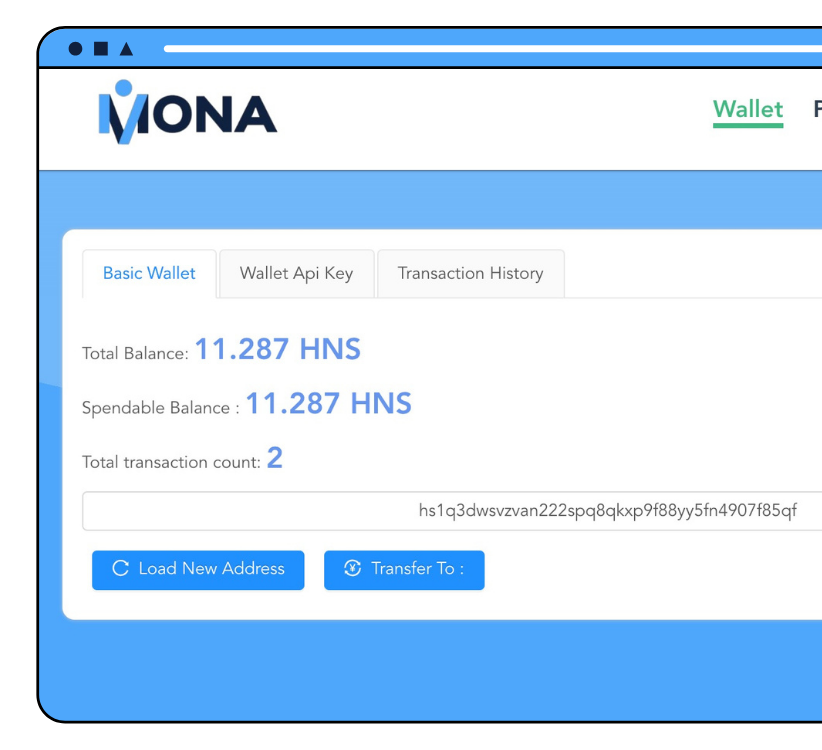 Mona HNS wallet dashboard